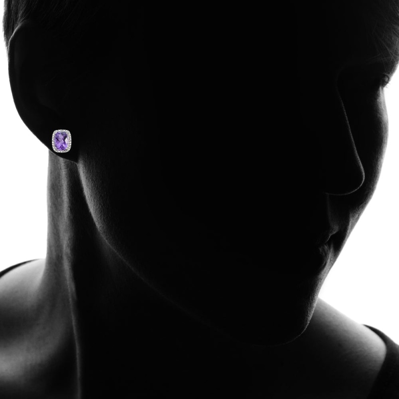 Sterling Silver 4Ct Amethyst & Diamond Accent Cushion Cut Earrings