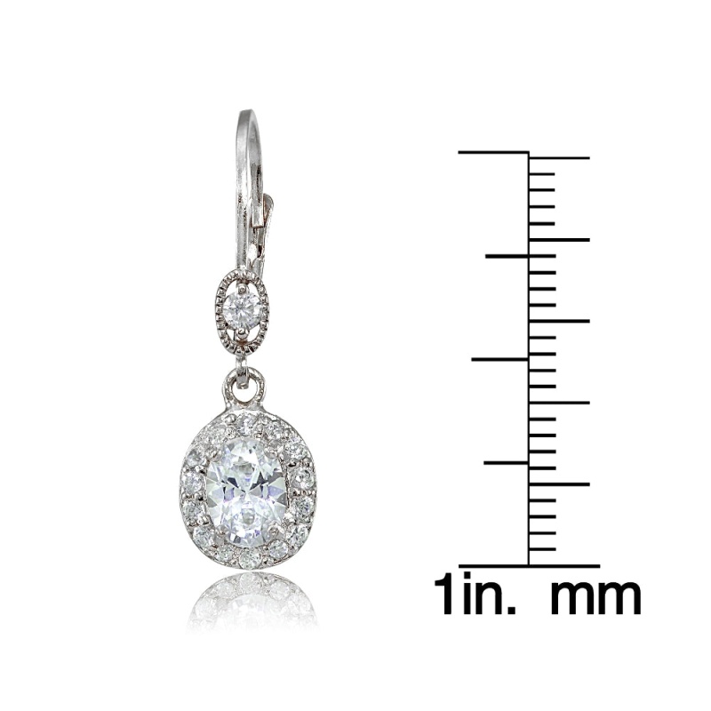 Sterling Silver Cubic Zirconia Oval Dangle Leverback Earrings