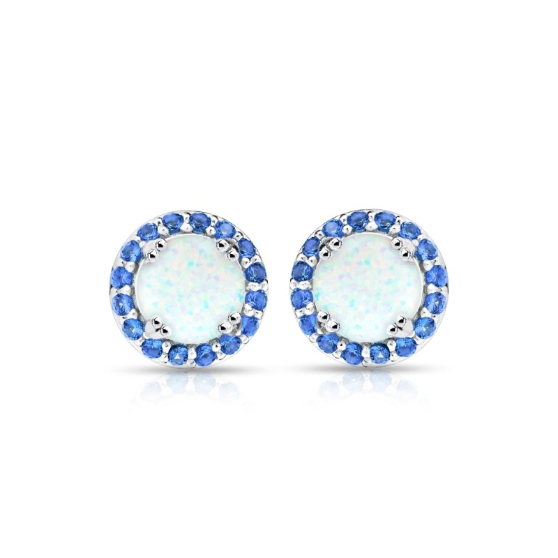 Sterling Silver Created White Opal And Blue Sapphire Round Halo Stud Earrings