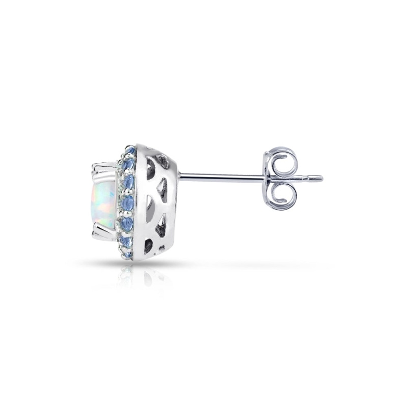 Sterling Silver Created White Opal And Tanzanite Round Halo Stud Earrings
