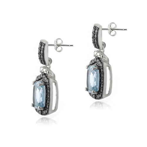 Sterling Silver 3.8Ct Blue Topaz & Black Diamond Accent Rectangle Dangle Earrings