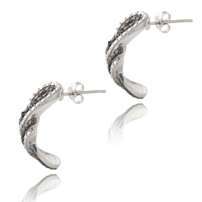 Sterling Silver 1/10 Ct Black Diamond Black & White Infinity Loop Half Hoop Earrings