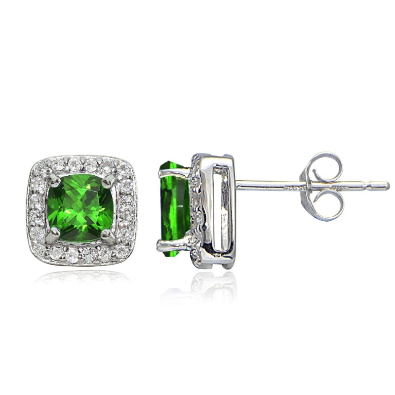 Sterling Silver 1.7Ct Created Emerald & White Topaz Cushion-Cut Stud Earrings