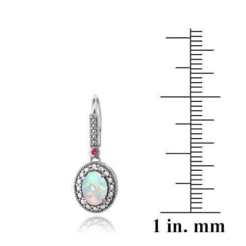 Sterling Silver Diamond Accent Created White Opal & Pink Sapphire Oval Earrings