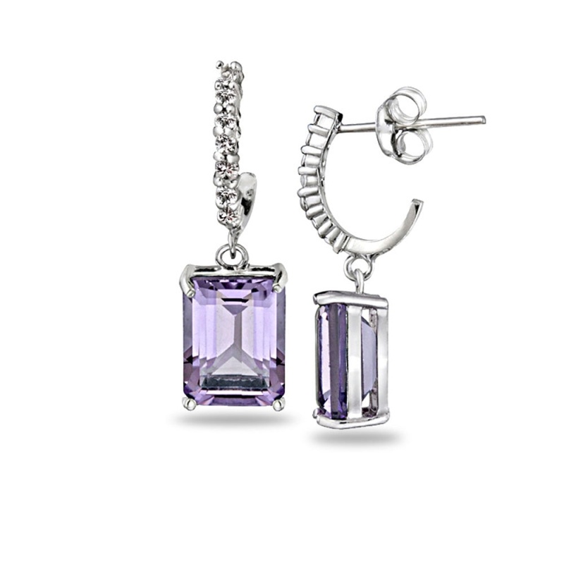 Sterling Silver 5Ct Amethyst & White Topaz Rectangle Dangle Earrings