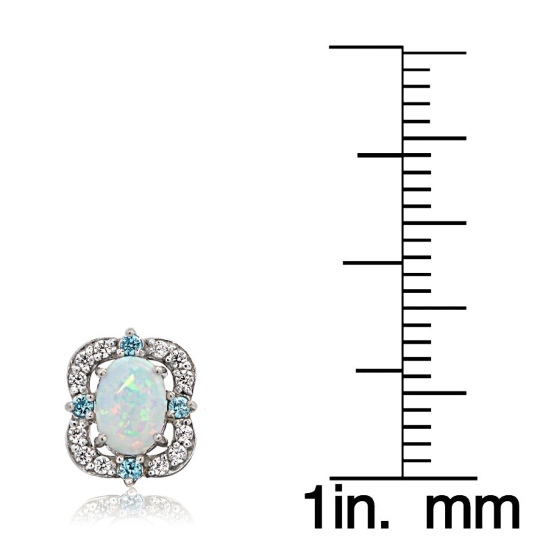 Sterling Silver Created Opal, White Topaz & Aqua Cz Scallop Frame Oval Stud Earrings