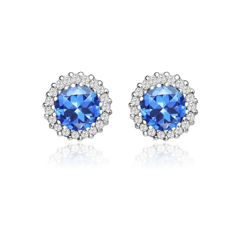 Sterling Silver Created Blue Sapphire And Cubic Zirconia Round Halo Stud Earrings