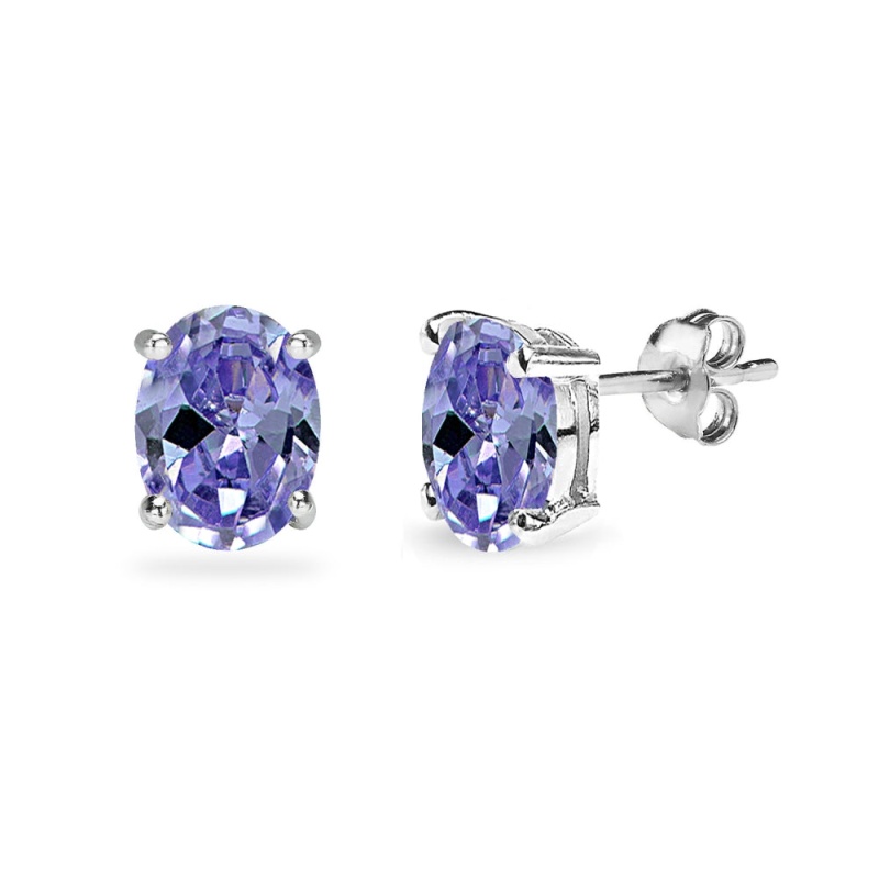 Sterling Silver Created Tanzanite 8X6mm Oval Solitaire Dainty Stud Earrings