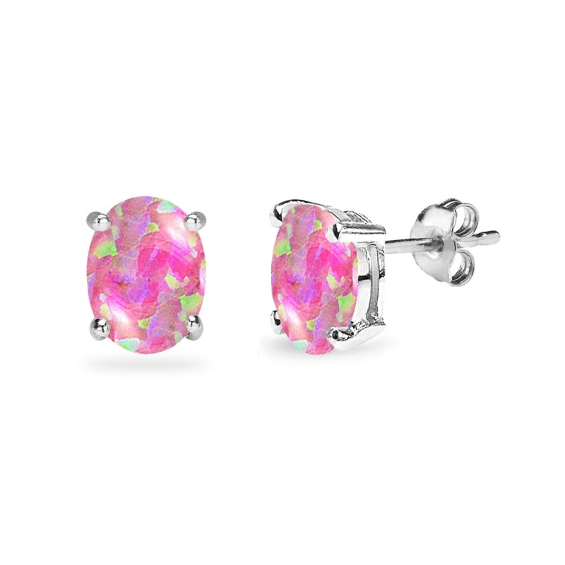 Sterling Silver Created Pink Opal 8X6mm Oval-Cut Solitaire Stud Earrings