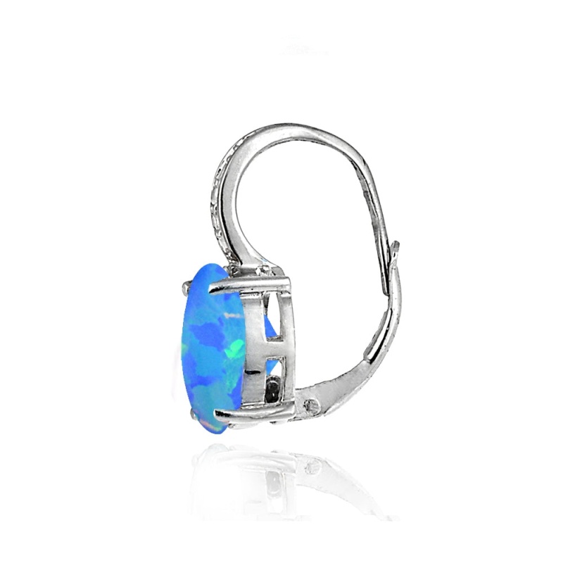 Sterling Silver Created Blue Opal And White Topaz Oval Leverback Earrings