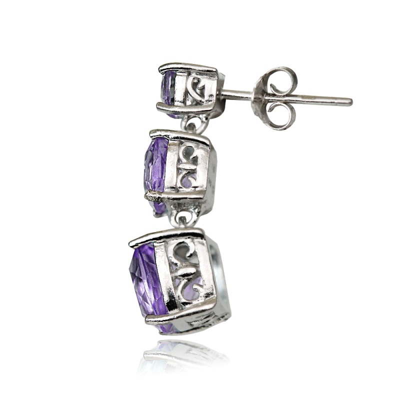 Sterling Silver 6Ct Amethyst Three Stone Cushion-Cut Drop Earrings
