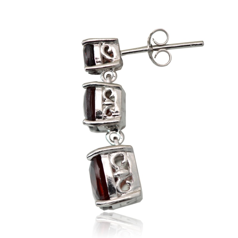 Sterling Silver 8.1Ct Garnet Three Stone Cushion-Cut Drop Earrings