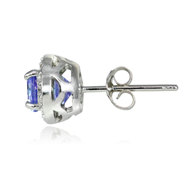 Sterling Silver 1.05Ct Tanzanite & White Topaz 5Mm Halo Stud Earrings