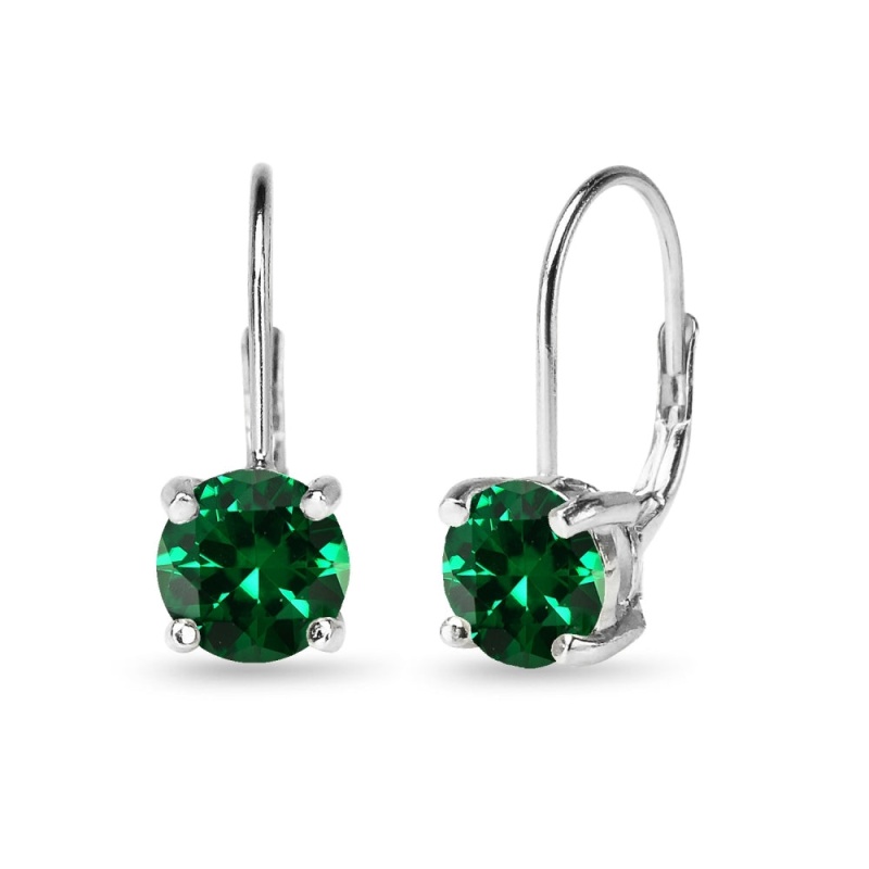 Sterling Silver Polished Simulated Emerald 7Mm Round Dainty Leverback Earrings