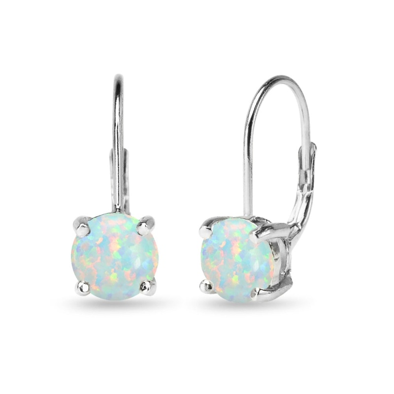 Sterling Silver Polished Created Opal 7Mm Round Dainty Leverback Earrings