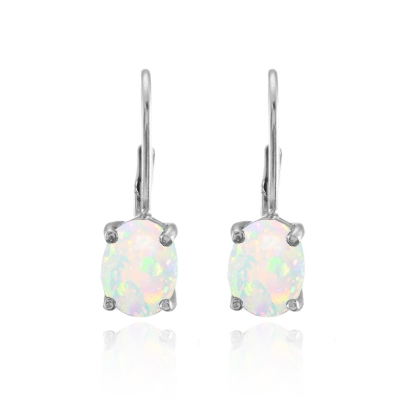 Sterling Silver Created White Opal 8X6mm Oval Leverback Earrings