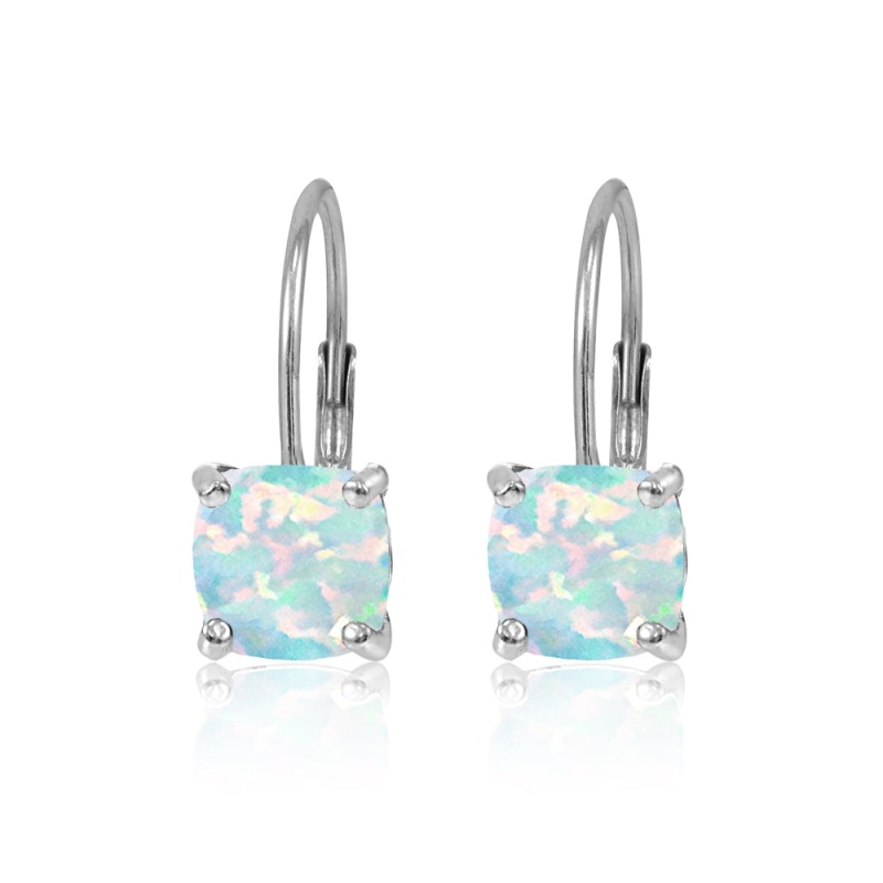 Sterling Silver Created White Opal 7X7mm Cushion-Cut Leverback Earrings
