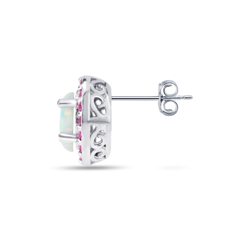 Sterling Silver Created White Opal And Garnet Oval Halo Stud Earrings