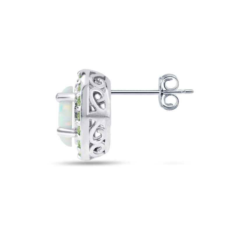 Sterling Silver Created White Opal And Peridot Oval Halo Stud Earrings