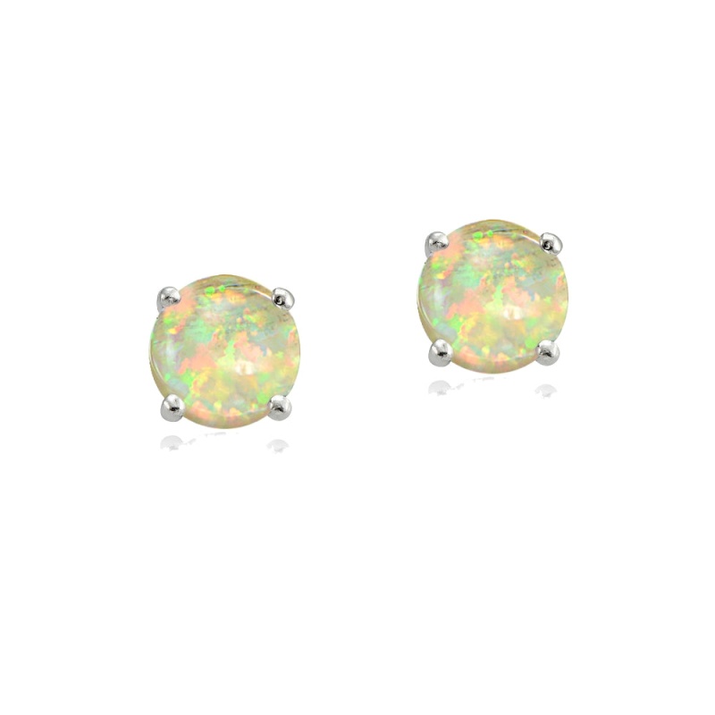 Sterling Silver Created White Opal 4.5Mm Round Stud Earrings