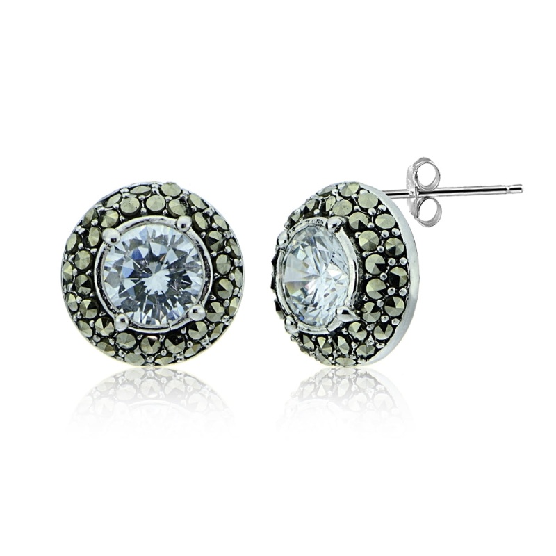 Sterling Silver Marcasite And Cubic Zirconia Halo Stud Earrings