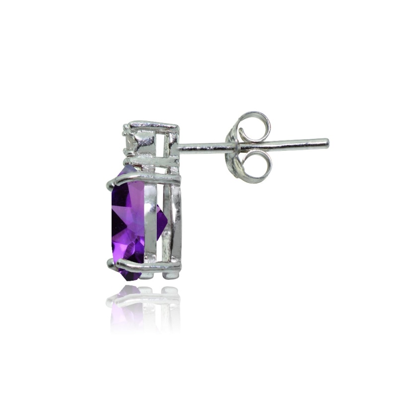 Sterling Silver African Amethyst And Diamond Accent Oval Drop Stud Earrings