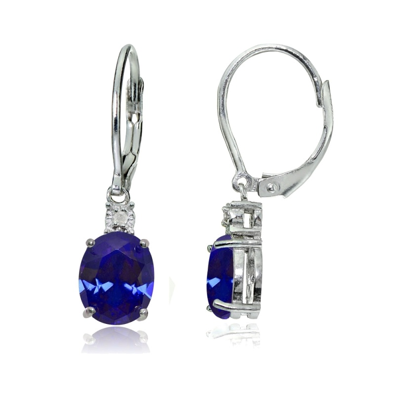 Sterling Silver Created Blue Sapphire And Diamond Accent Oval Dangling Leverback Earrings