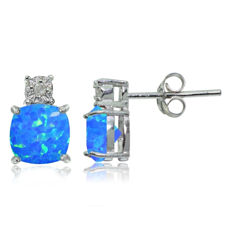 Sterling Silver Created Blue Opal And Diamond Accent Cushion-Cut Drop Stud Earrings