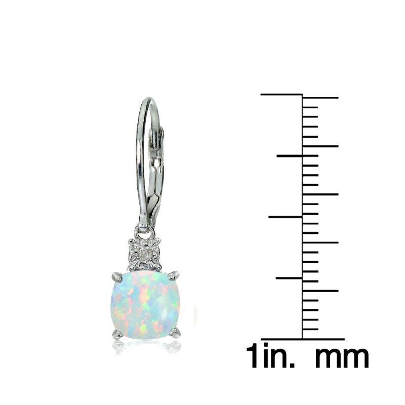 Sterling Silver Created White Opal And Diamond Accent Cushion-Cut Dangling Leverback Earrings