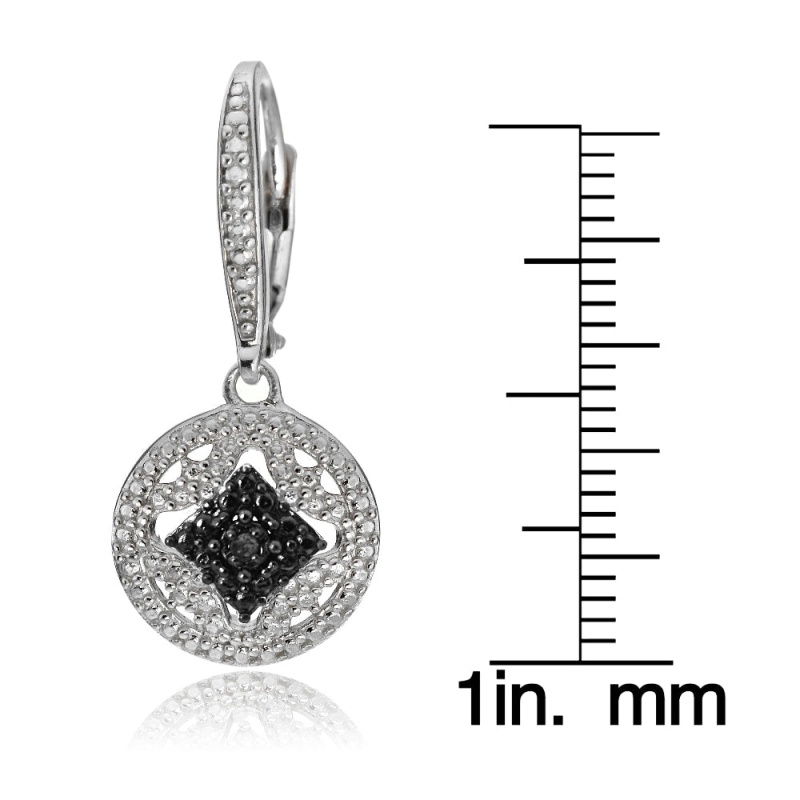 Sterling Silver Black Diamond Accent Filigree Medallion Dangle Leverback Earrings