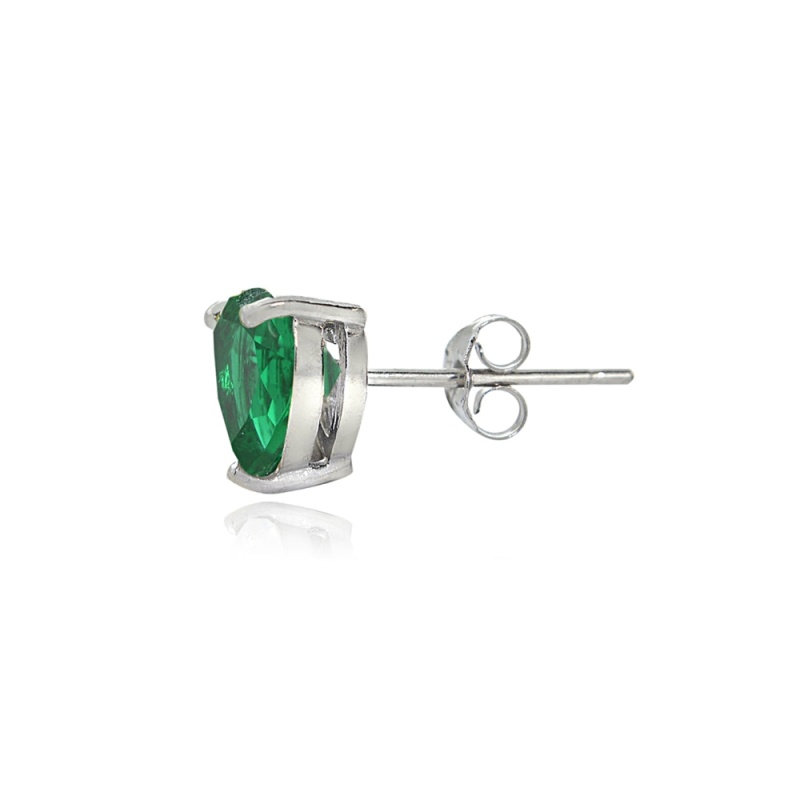 Sterling Silver Created Emerald 6Mm Heart Stud Earrings