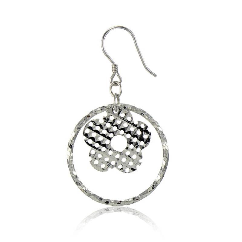 Sterling Silver Diamond-Cut Hoop With Flower Charm Dangle Earrings