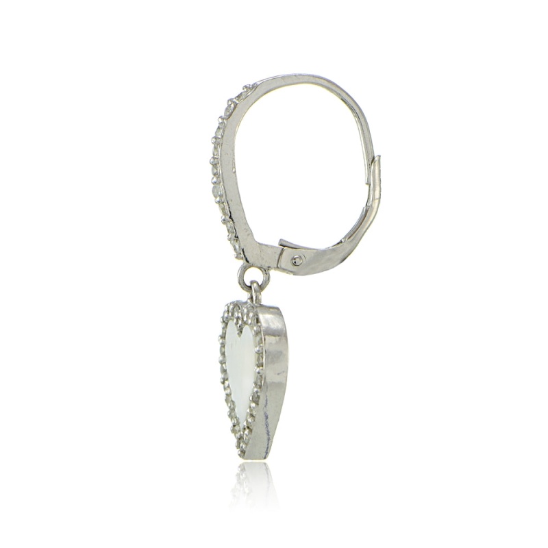Sterling Silver Mother Of Pearl And Cubic Zirconia Heart Dangle Leverback Earrings