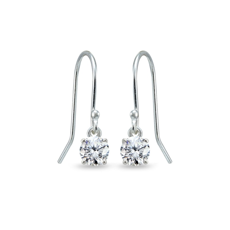 Sterling Silver Cubic Zirconia 5Mm Round Small Solitaire Dangle Earrings