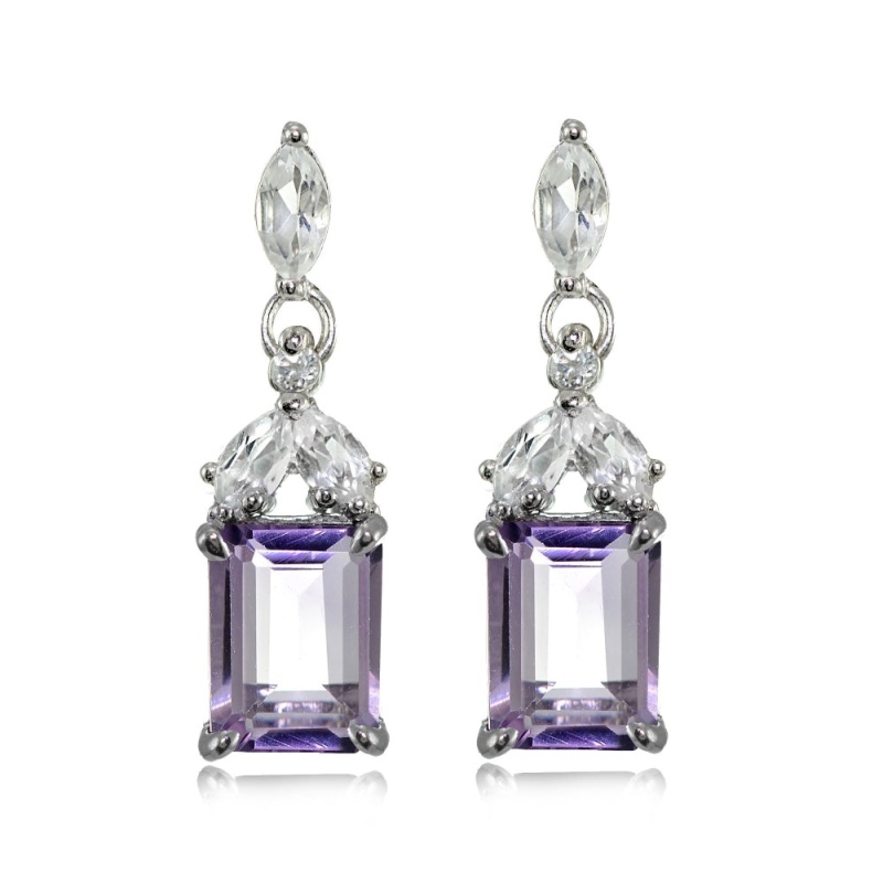 Sterling Silver Amethyst And White Topaz Emerald-Cut Dangle Earrings