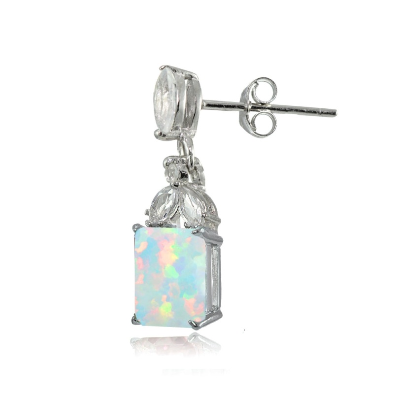 Sterling Silver Created White Opal And White Topaz Emerald-Cut Dangle Earrings