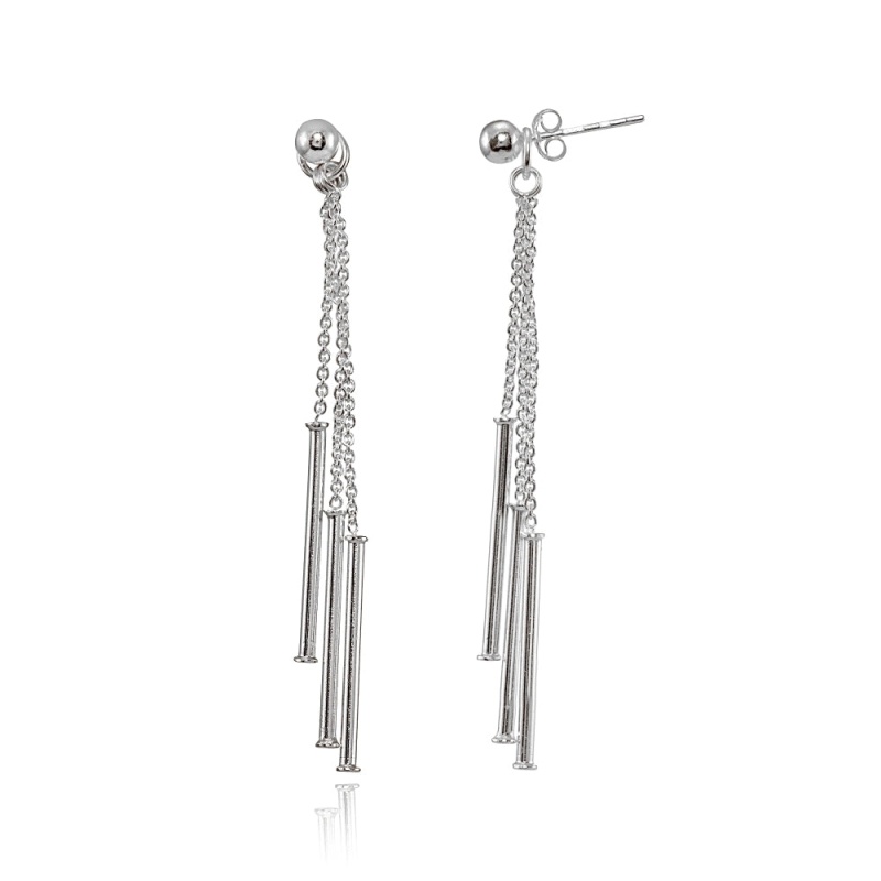 Sterling Silver Bead And Multi-Strand Chain & Bar Drop Dangle Earrings