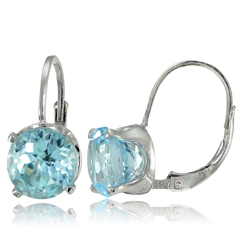 Sterling Silver Blue Topaz 8Mm Round Leverback Earrings