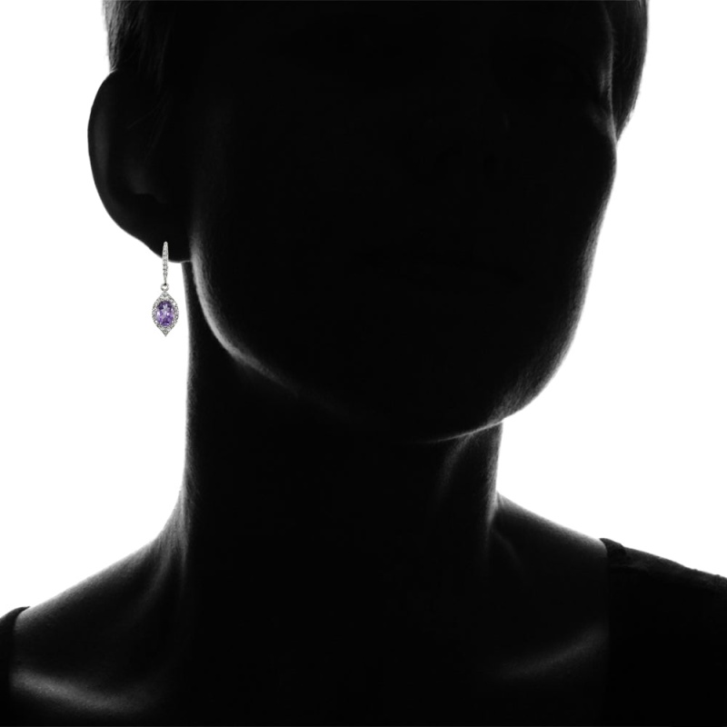 Sterling Silver Amethyst And White Topaz Oval Dangle Leverback Earrings