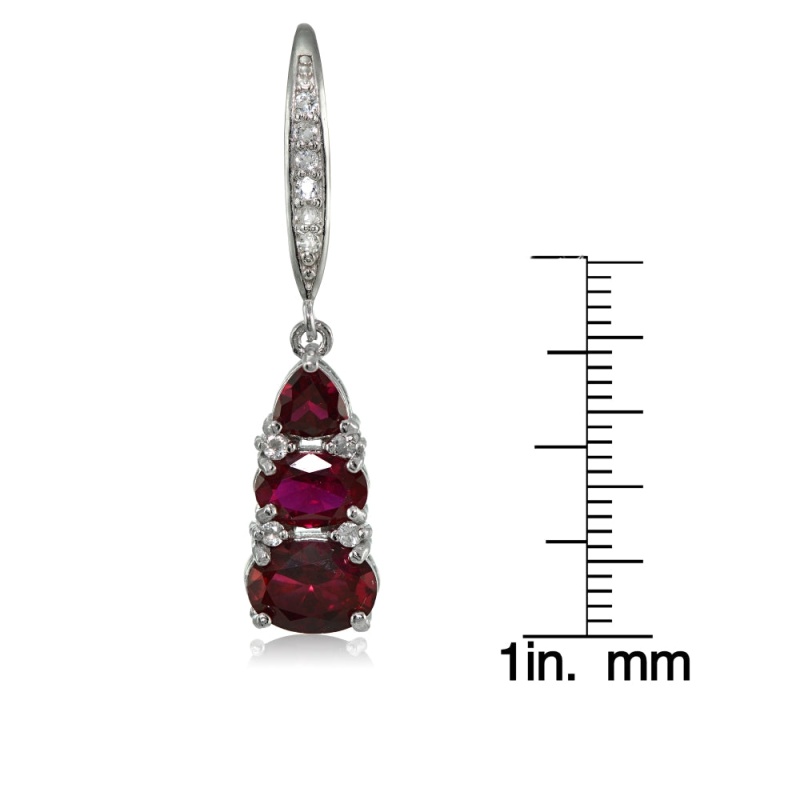 Sterling Silver Created Ruby And White Topaz 3-Stone Dangle Leverback Earrings