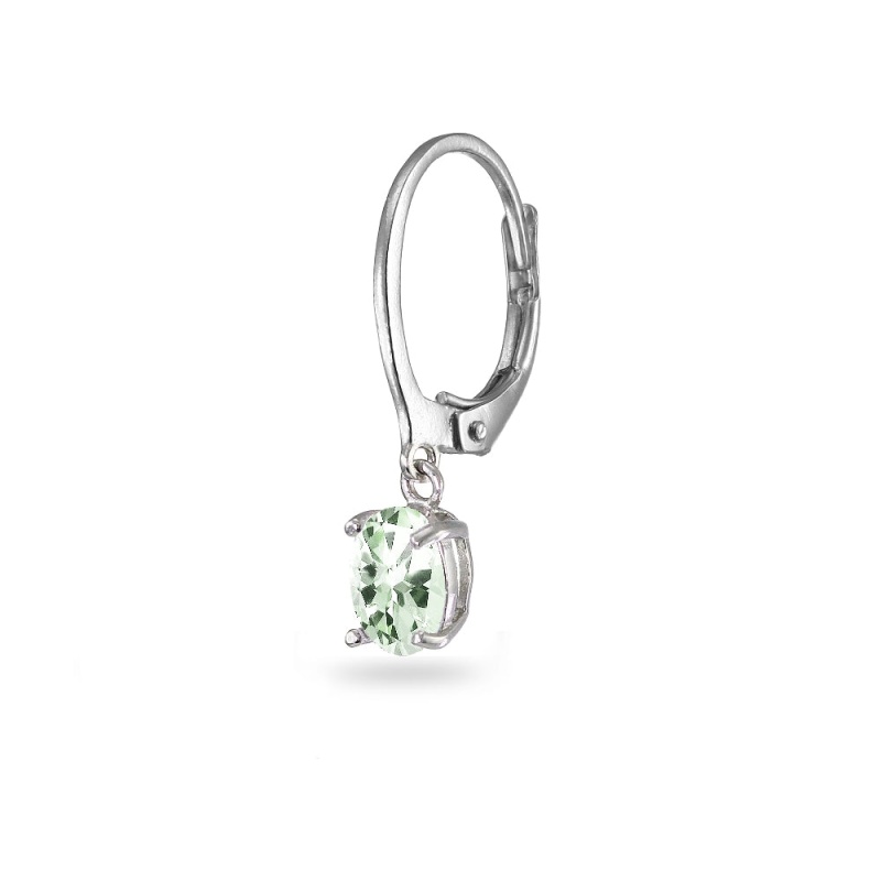 Sterling Silver Green Amethyst 7X5mm Oval Dangle Leverback Earrings