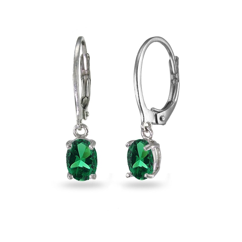 Sterling Silver Created Emerald 7X5mm Oval Dangle Leverback Earrings