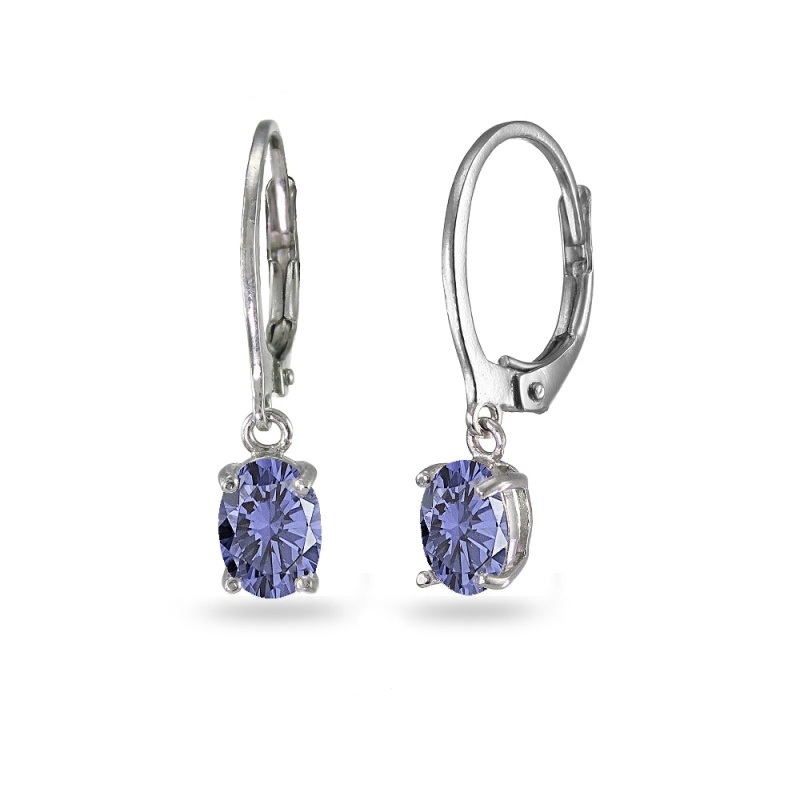 Sterling Silver Created Tanzanite 7X5mm Oval Dangle Leverback Earrings