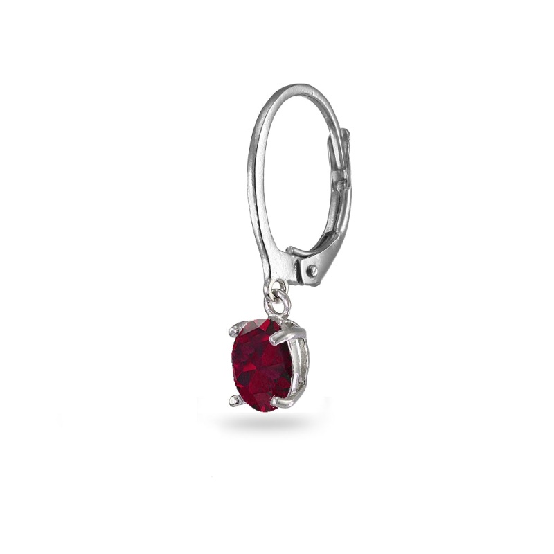 Sterling Silver Created Ruby 7X5mm Oval Dangle Leverback Earrings
