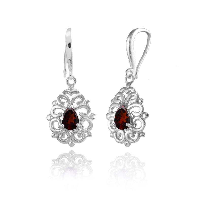 Sterling Silver Garnet 6X4mm Teardrop Filigree Dainty Dangle Earrings