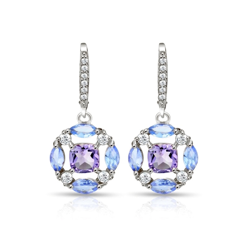 Sterling Silver Amethyst, Tanzanite And White Topaz Circle Dangle Leverback Earrings