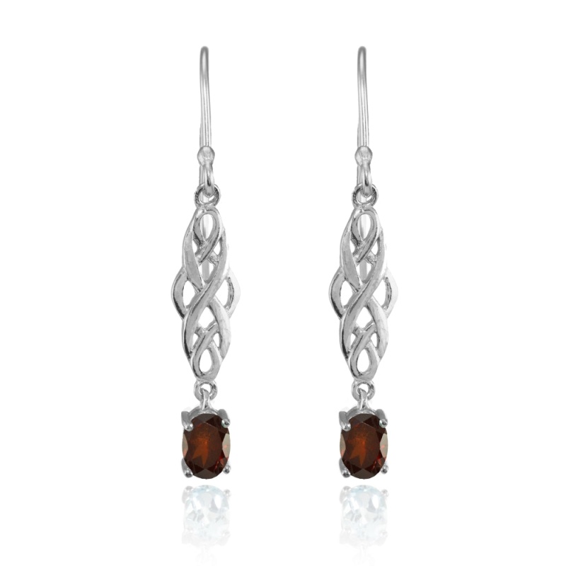 Sterling Silver Garnet Oval Celtic Knot Drop Dangle Earrings