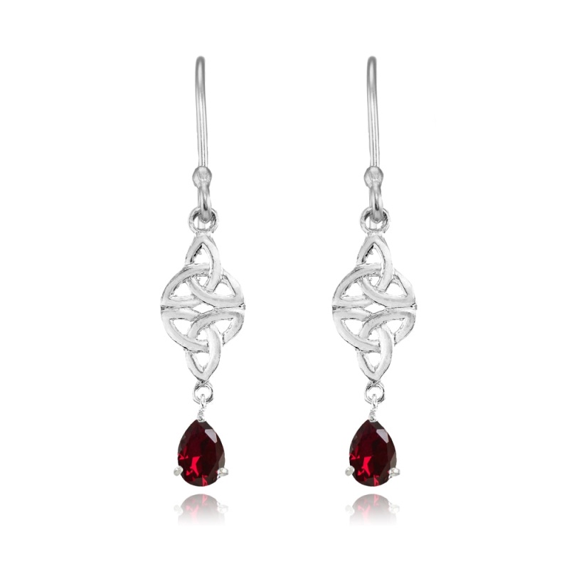 Sterling Silver Created Ruby Celtic Trinity Knot Teardrop Dangle Drop Earrings