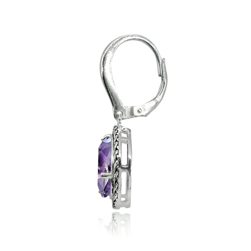 Sterling Silver Amethyst Pear-Cut Oxidized Rope Dangle Leverback Earrings