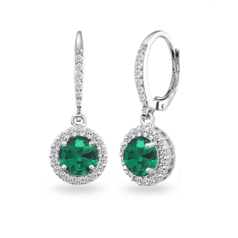 Sterling Silver Created Emerald Round Dangle Halo Leverback Earrings With White Topaz Accents